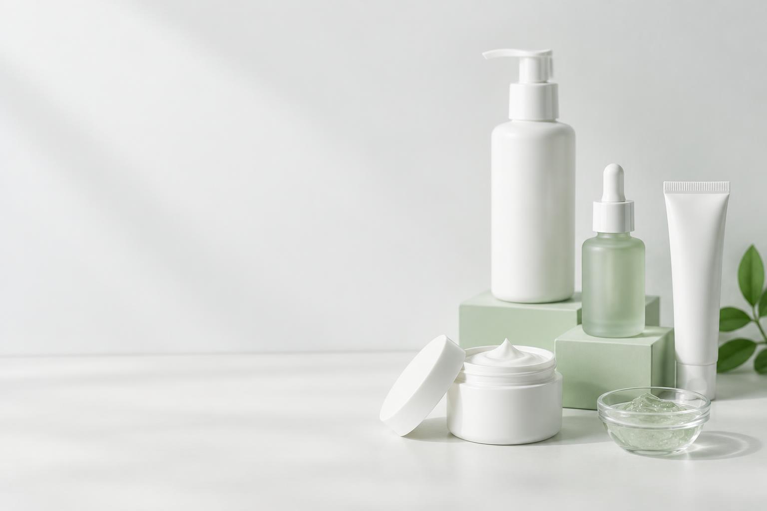 Editorial illustration of skincare bottles and jars on a shelf