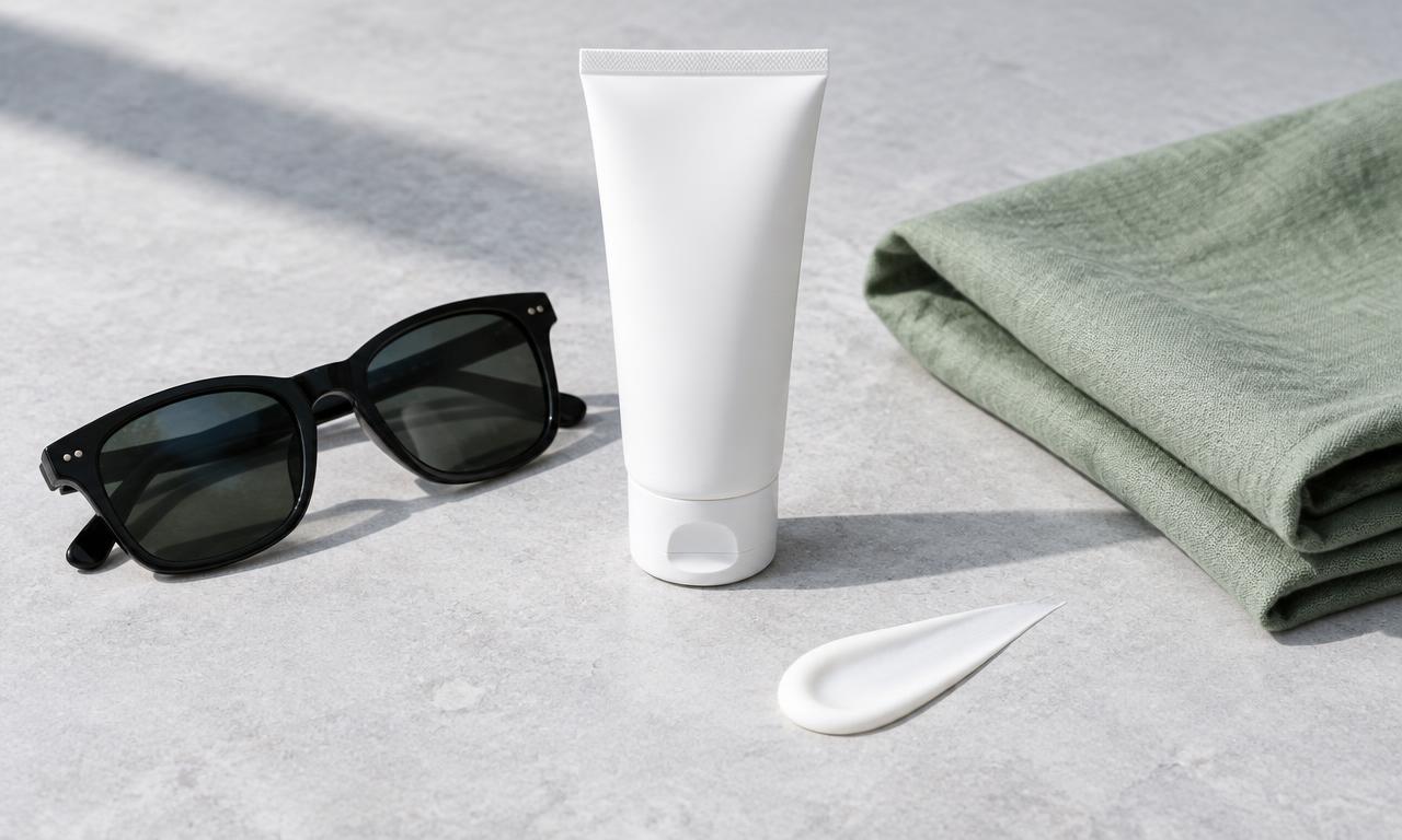 Illustrative sunscreen tube and sunglasses